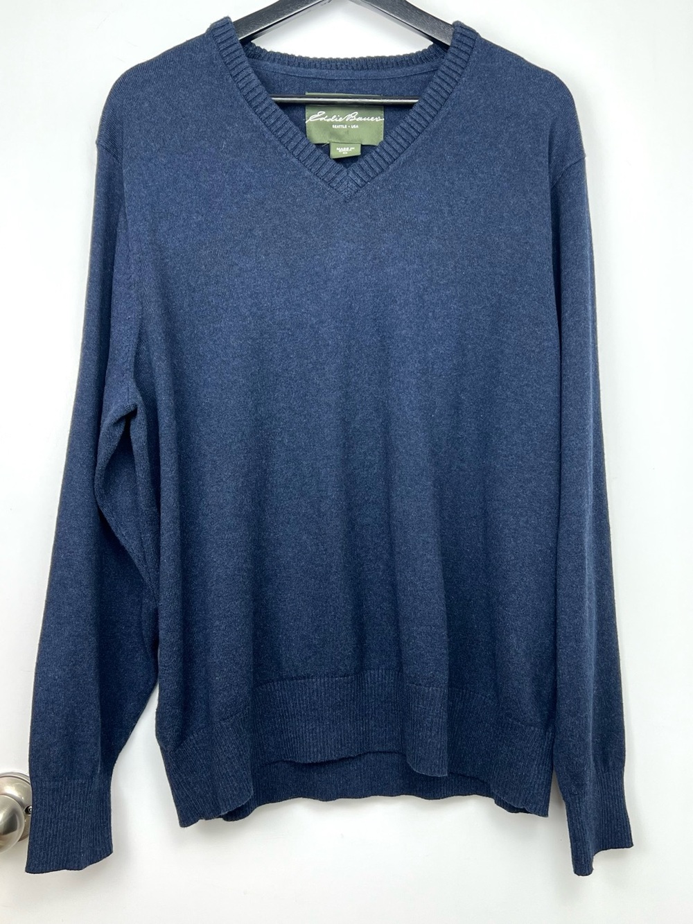 Eddie Bauer Cotton Cashmere Blend V Neck Sweater sz XL Navy Heather Casual